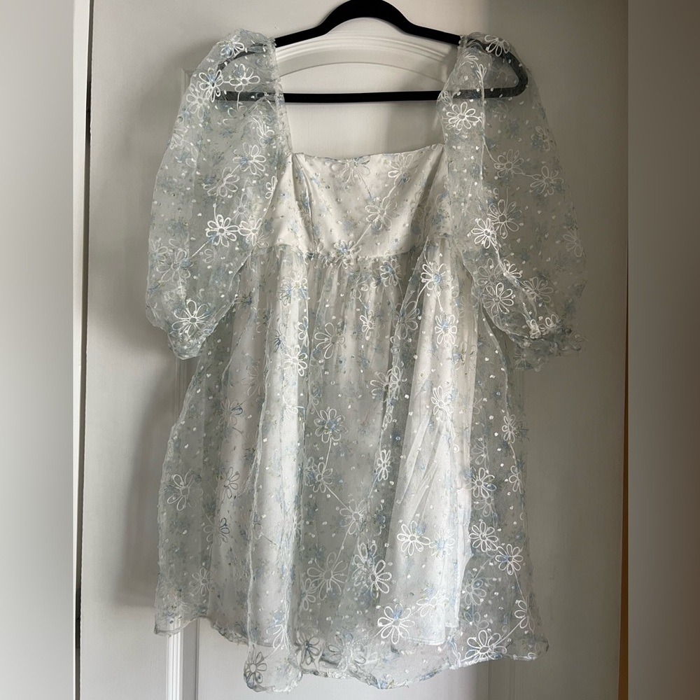 Storia White Floral Dress with Sheer Overlay